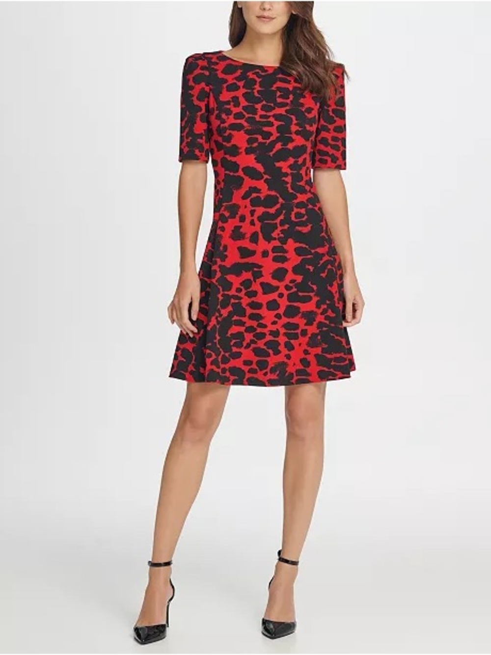 DKNY Animal Print 3/4 Sleeve A-Line Red and Black Dress Size 10